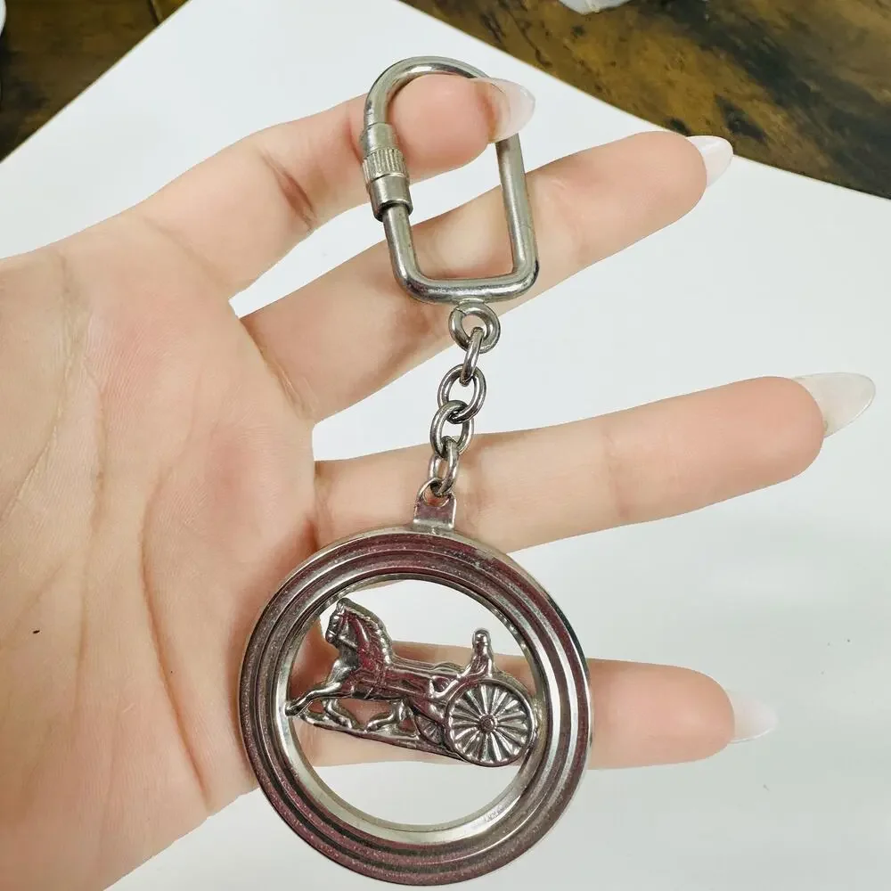 CELINE Silver Metal Horse Carriage Keychain Italy Bag Charm Carabiner Clip